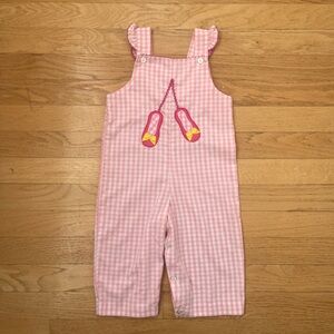 VINTAGE EUC Girls Pink Gingham Ricrac Ruffles Ballet Shoes Appliqué Overalls